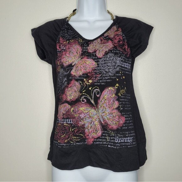Vintage y2k black grunge sparkly butterfly graphic chain halter cap sleeve large - Picture 1 of 8